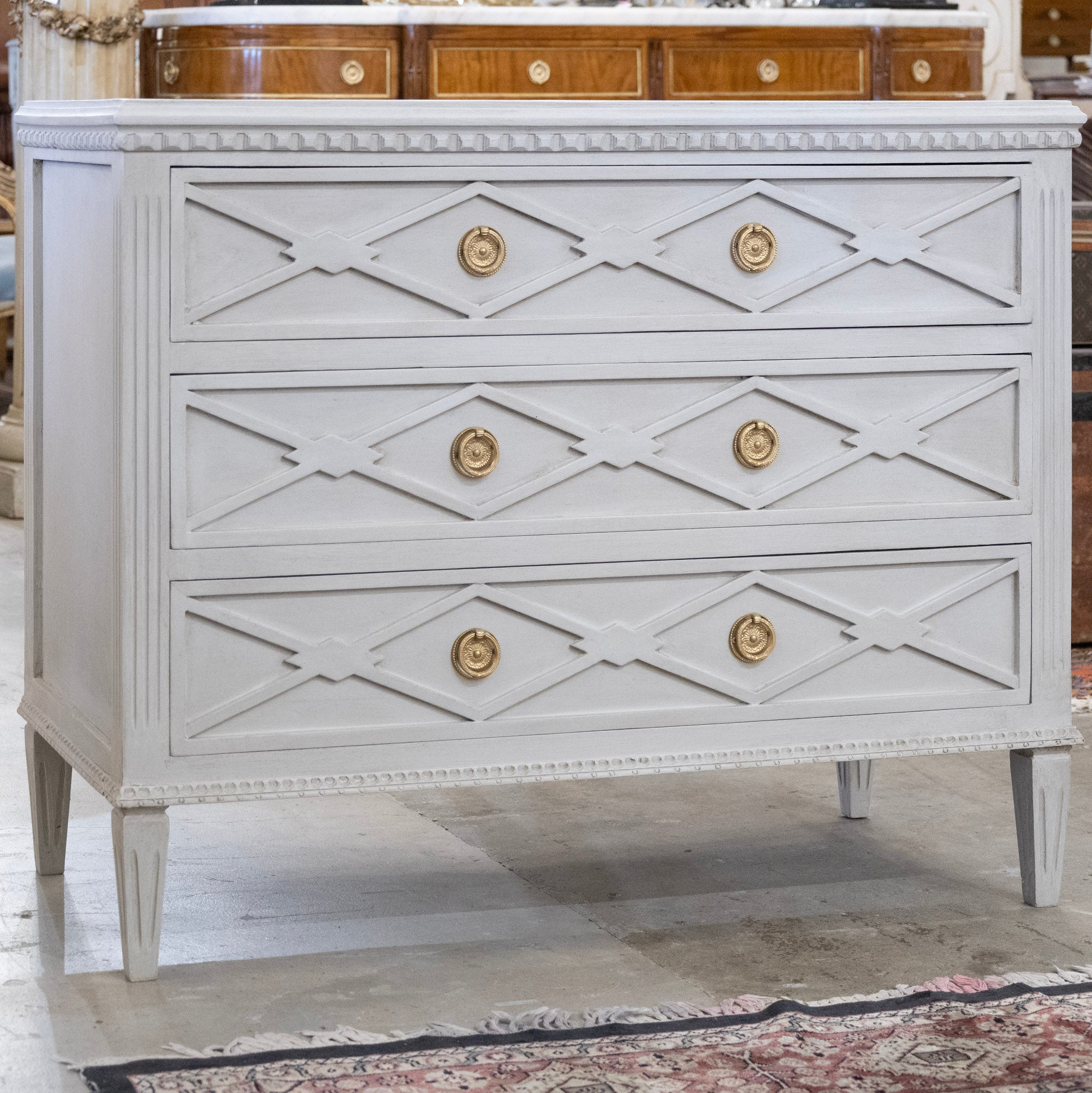 grey diamond dresser Swedish 3-Drawer Chest Open Diamond Trim & Tapered Legs in French Gr Le Chateau