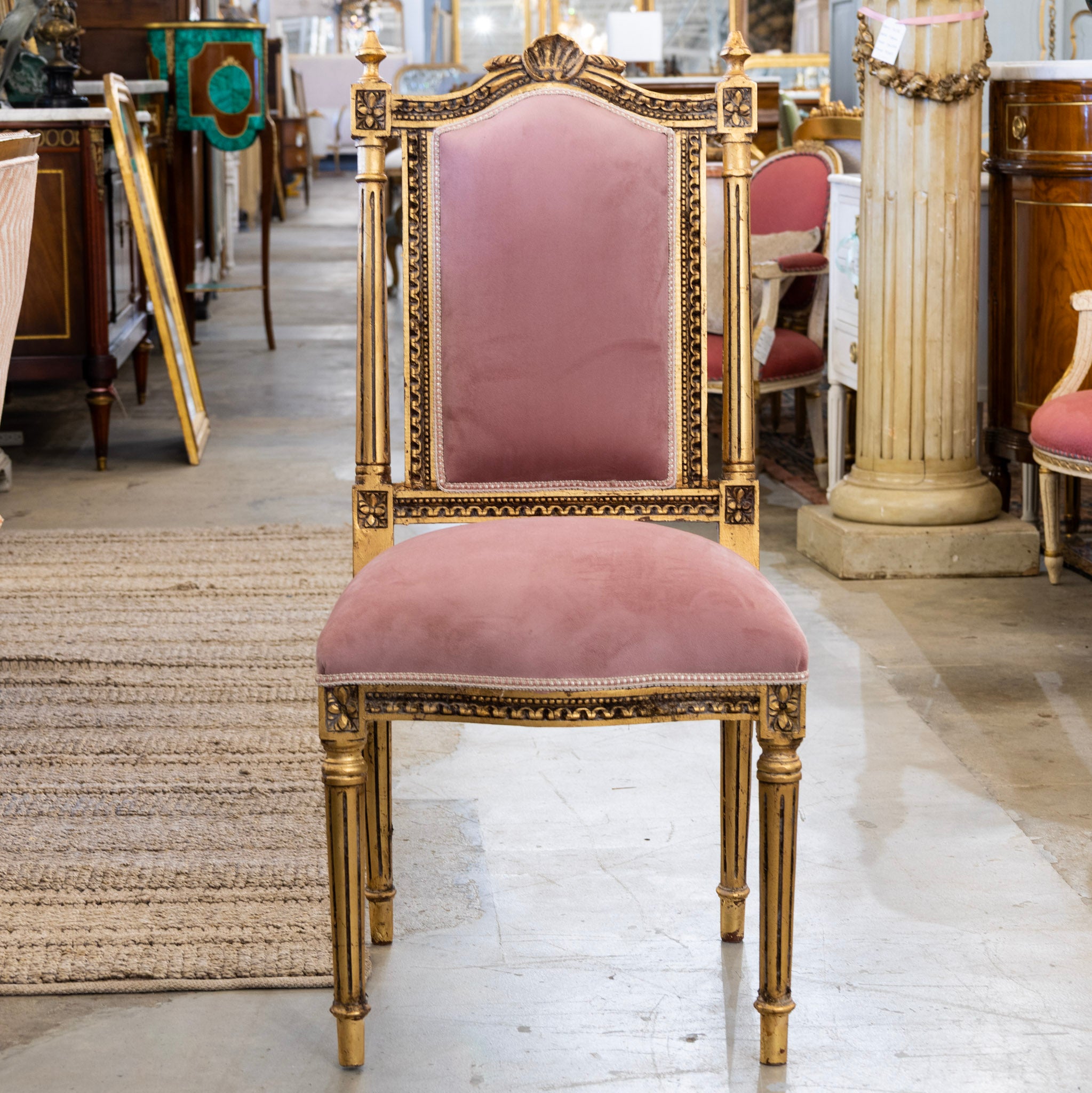 Louis XVI Square Gilded Dining Chair – Pink Velvet Upholstery – Le