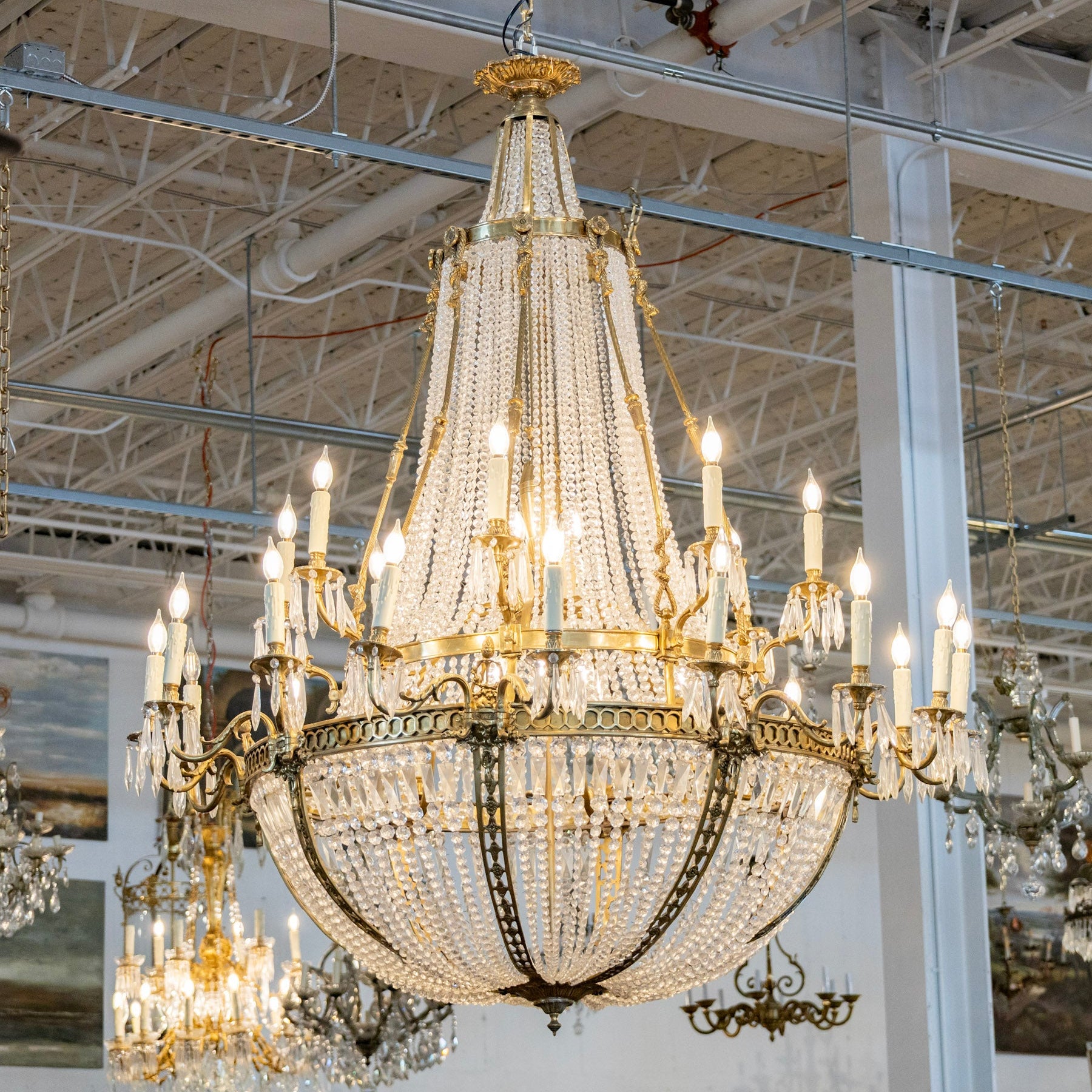 Grand French Empire Basket Brass Chandelier – Serpentine Frame