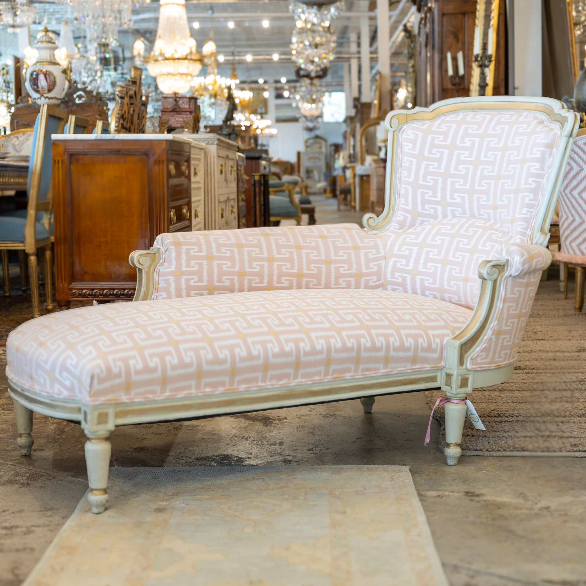 Louis XVI Chaise Lounge – Pink Greek Key Upholstery & Carved