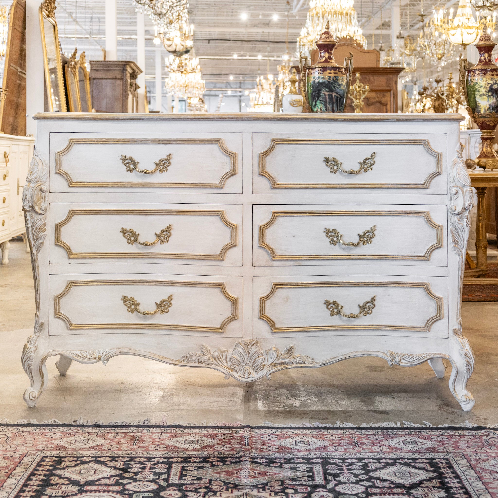 Louis XVI 6-Drawer Dresser – Antique White with Gold Trim & Ornate Pulls