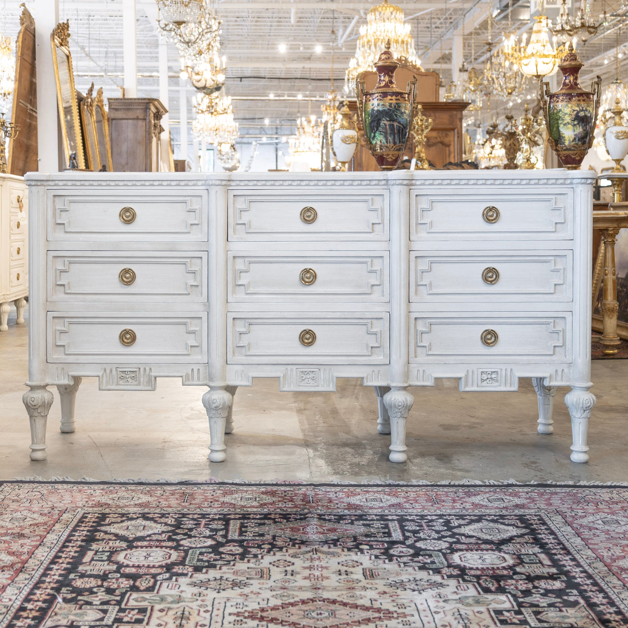 Swedish Painted 9-Drawer Dresser – Notched Drawer Fronts & Carved Legs – Le Chateau