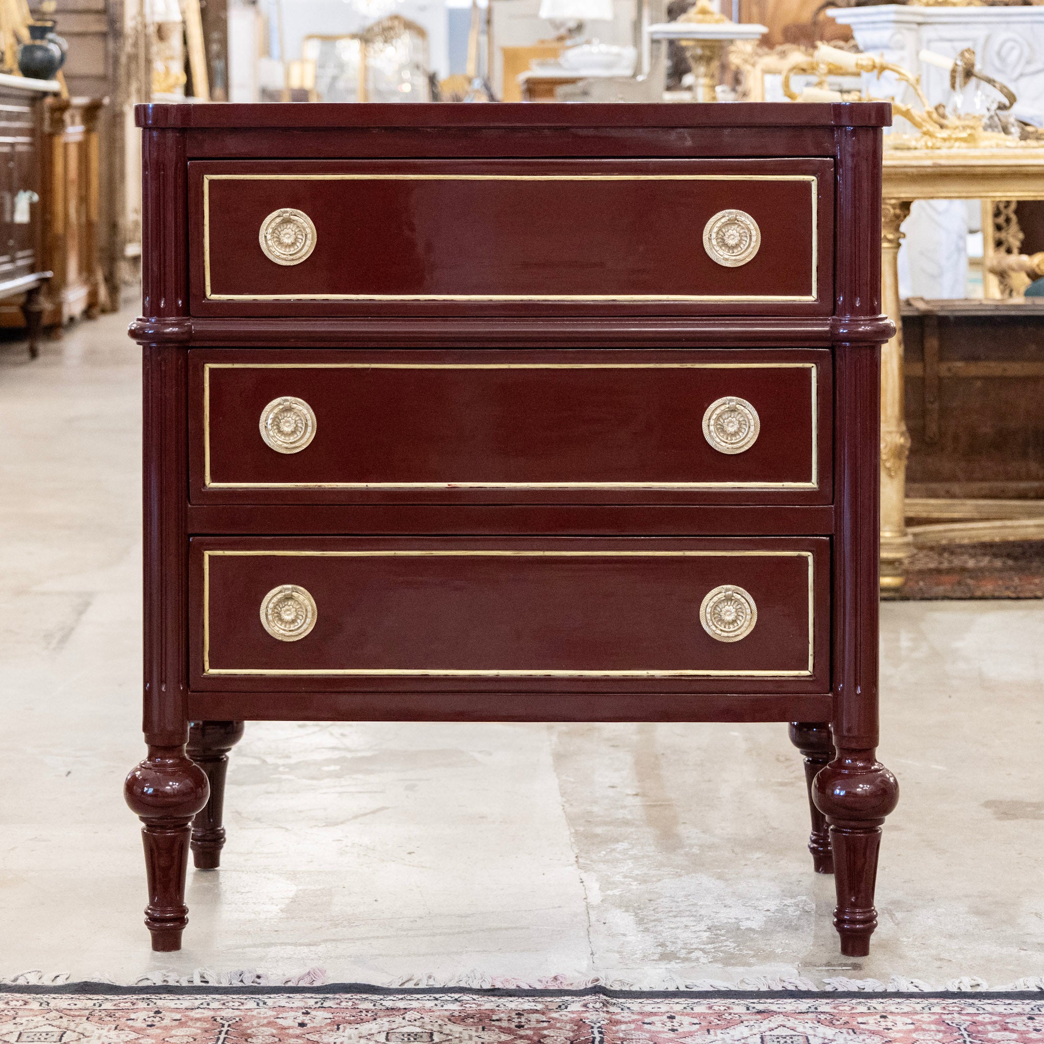 Louis XVI Burgundy Lacquer 3-Drawer Chest – Round Brass Pulls & Gold Inlay