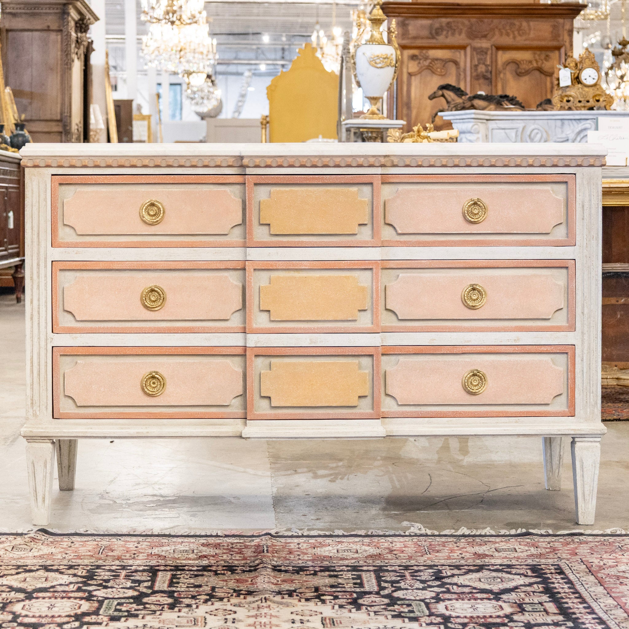 Swedish Distressed 3-Drawer Chest – Pink Trim & Brass Round Pulls – Le Chateau