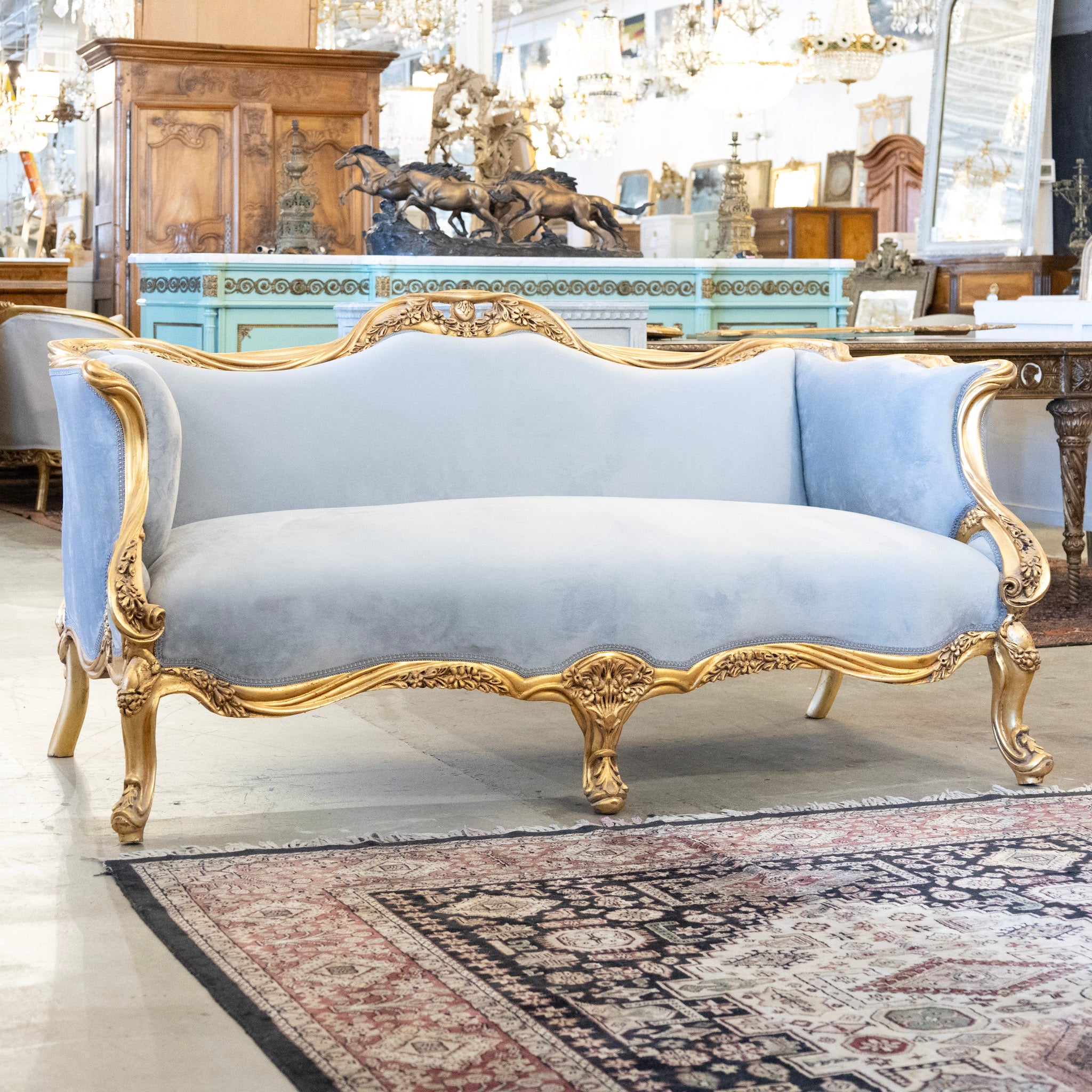 Louis XV Sofa – Gilded Frame & Floral Carvings with Muted Blue