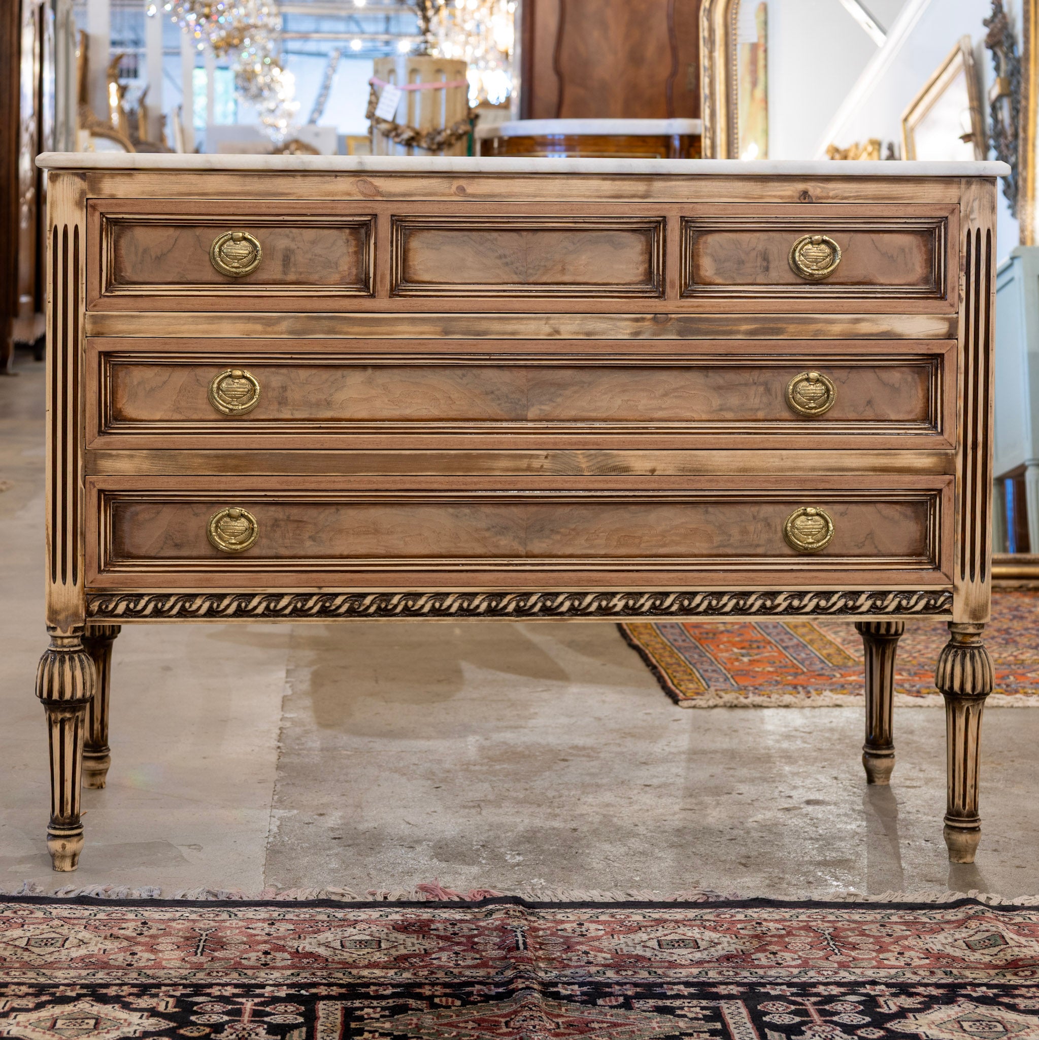 Louis XVI 3-Drawer Chest – Light Honey Burl Wood & Marble Top – Le Chateau