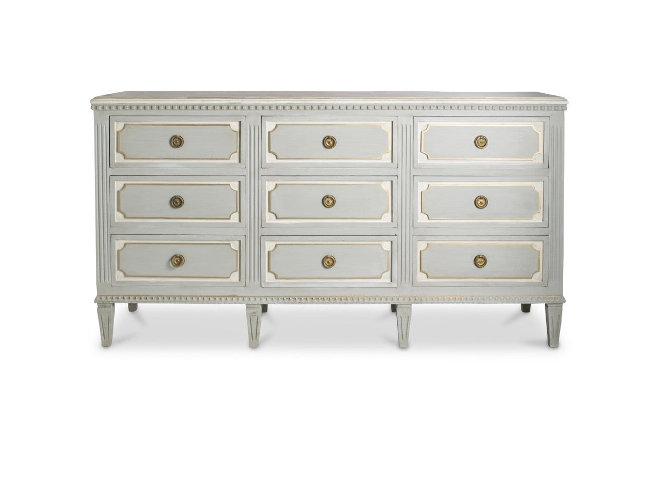 Swedish 9 Drawer Dresser in Light Blue with White and Gold Trim – Le Chateau