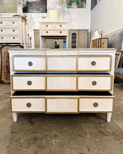 Swedish Chest of Drawers with Reeding & Gold Trim | Le Chateau | European Luxury Furniture in Atlanta