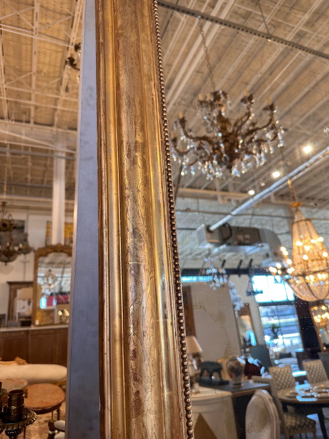 18th Century Ornate French Mirror with Beaded Trim