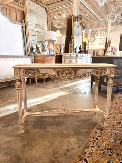 French Louis XVI Marble Top Console with Carved Details | Le Chateau | European Luxury Furniture in Atlanta