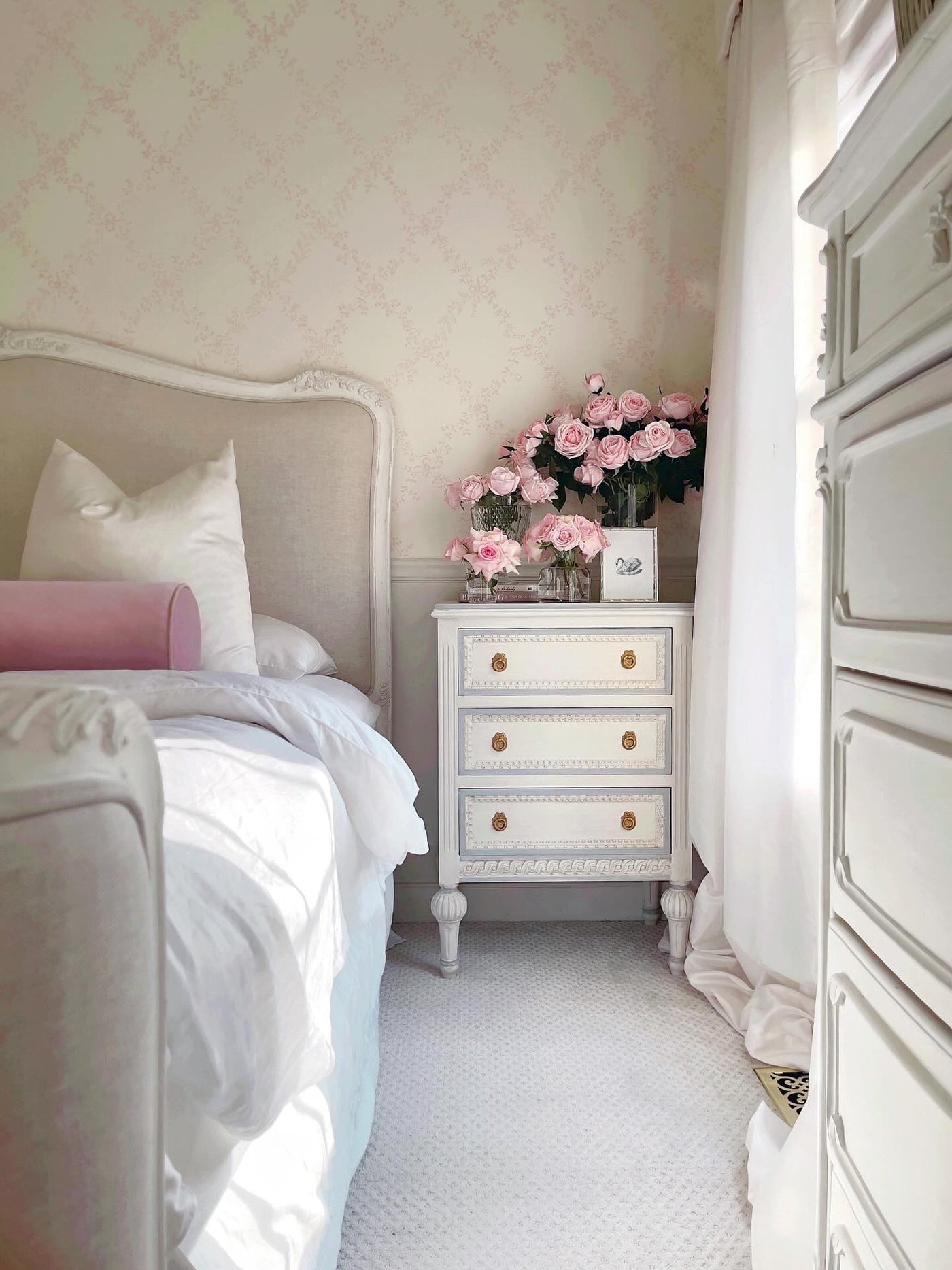 Swedish Nightstand with Ballerina Legs in an Off-White with Light Blue Trim