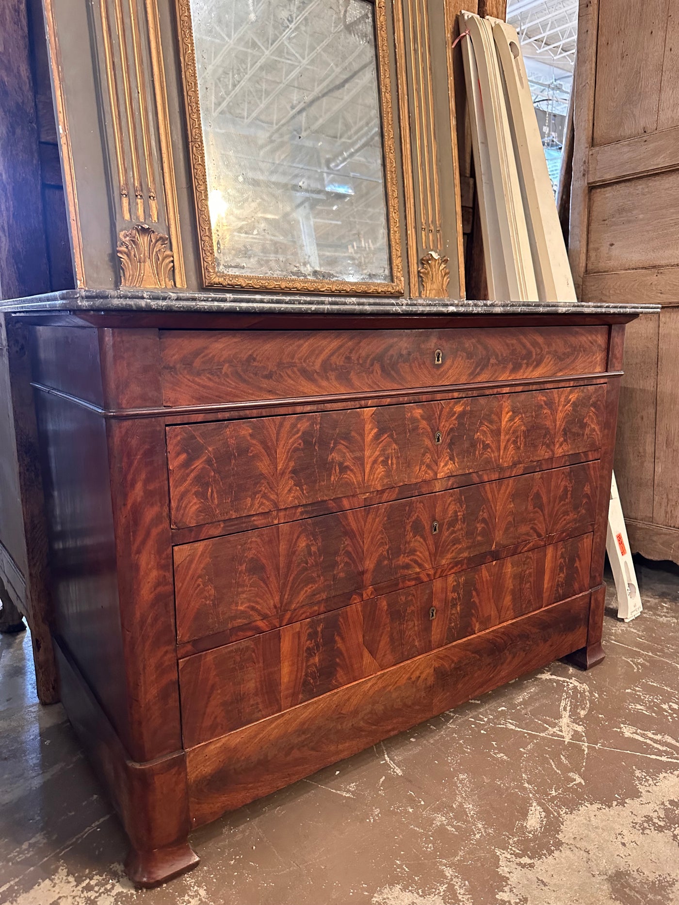 Dark Burl Wood Louis Philippe Chest with Black Marble Top