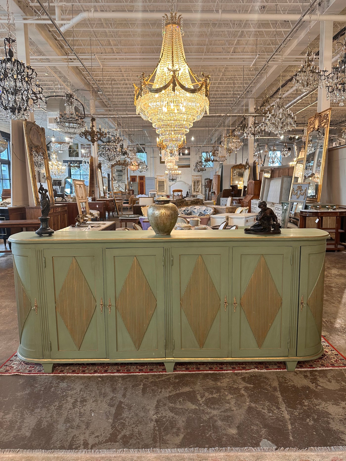 Swedish Diamond Demilune Sideboard in Green with Gold | Le Chateau | European Luxury Furniture in Atlanta