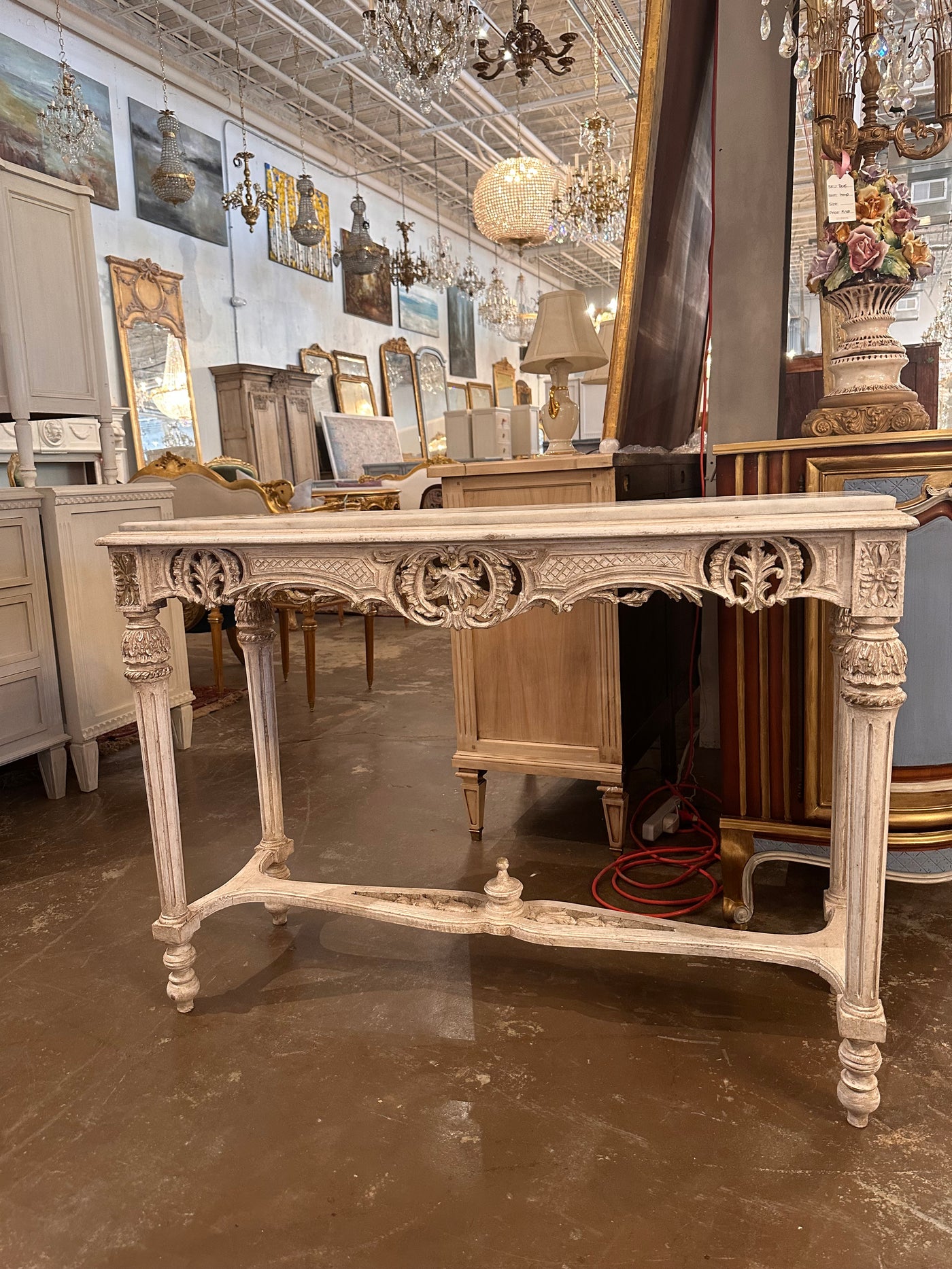 White Louis XVI Marble Top Carving French Console Table | Le Chateau | European Luxury Furniture in Atlanta