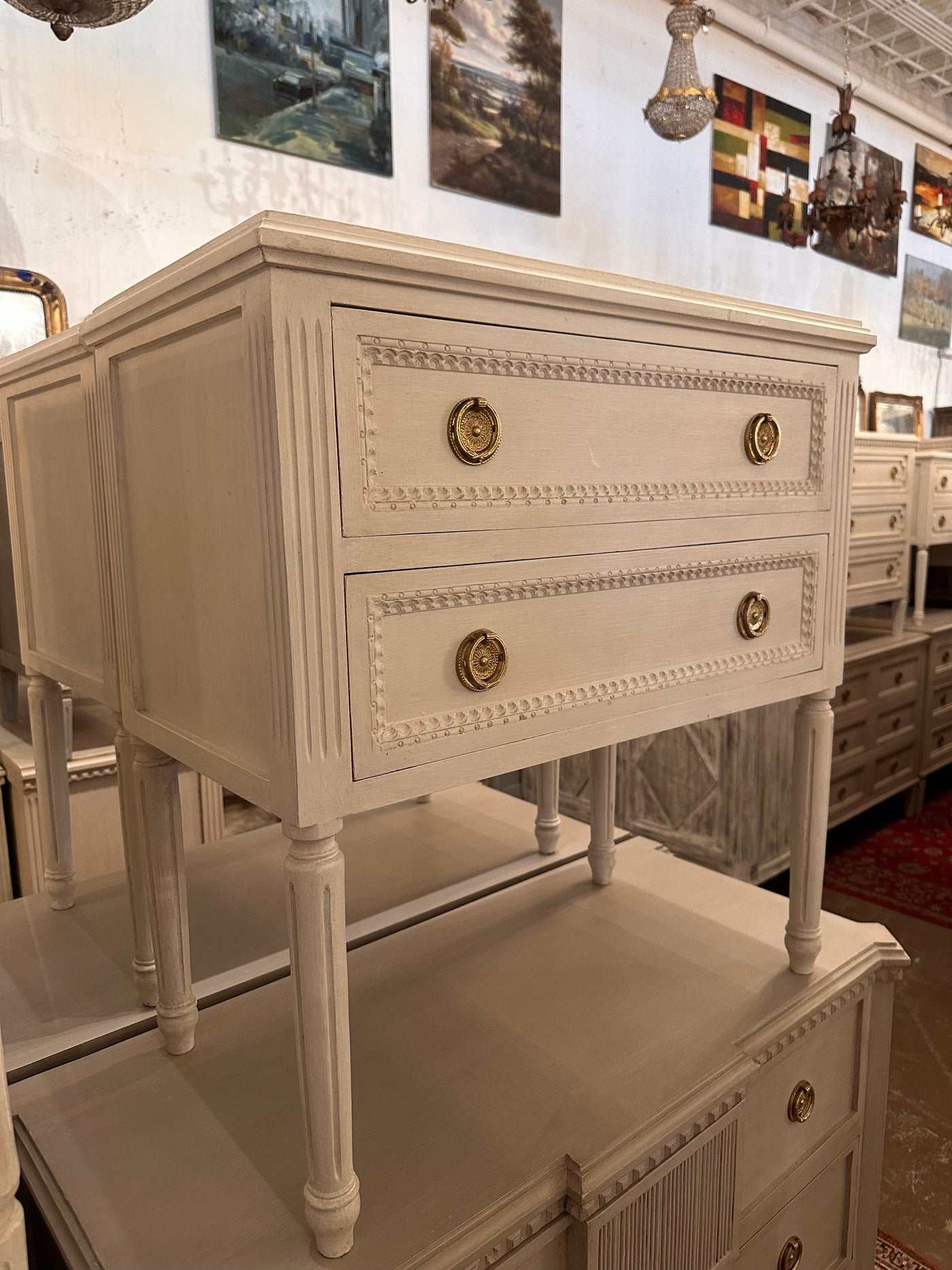 Swedish 2 Drawer Beaded Front Nightstand | Le Chateau | European Luxury Furniture in Atlanta