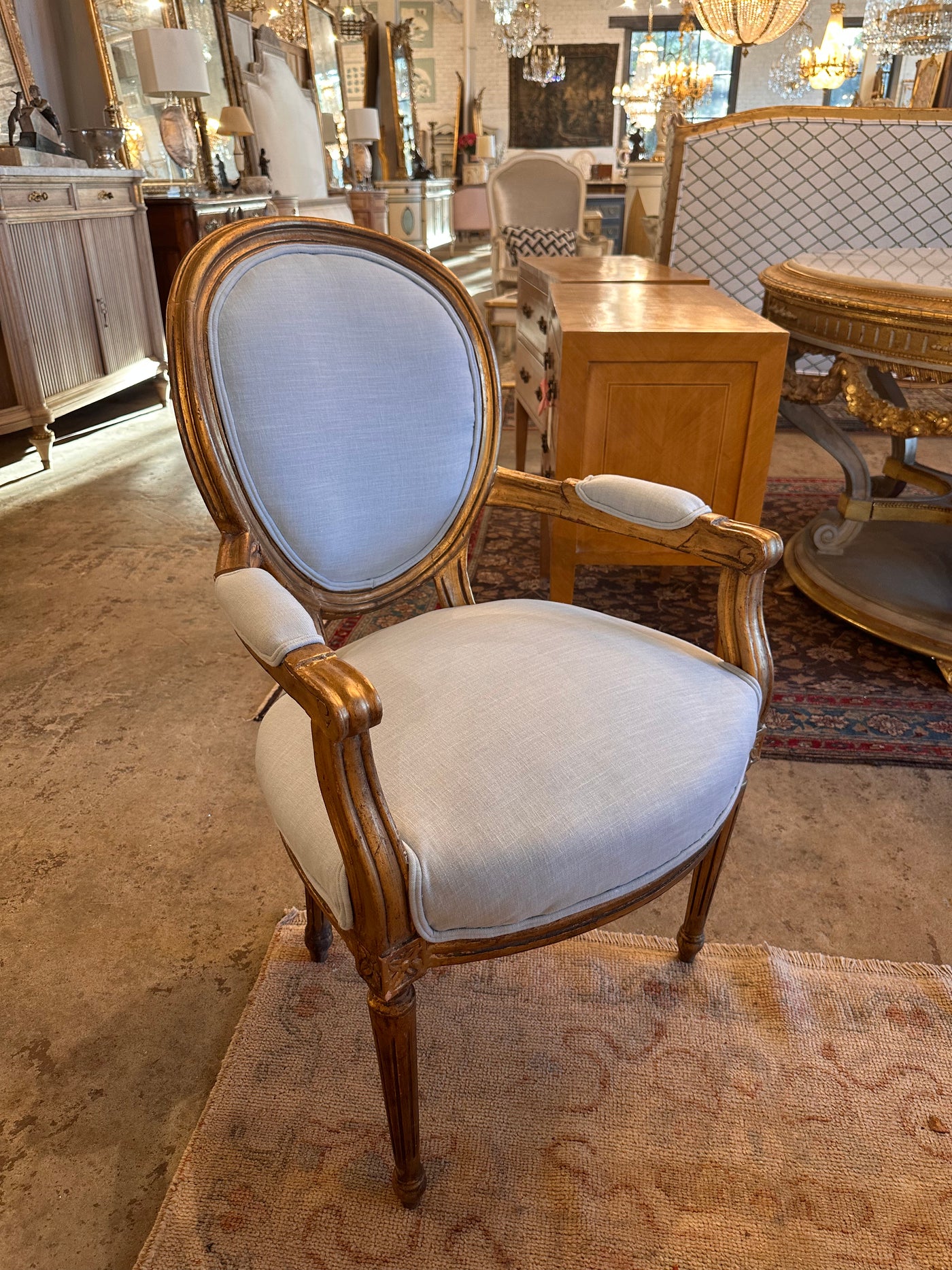 French Antique Louis XVI Captain Chair with Blue Linen Fabric