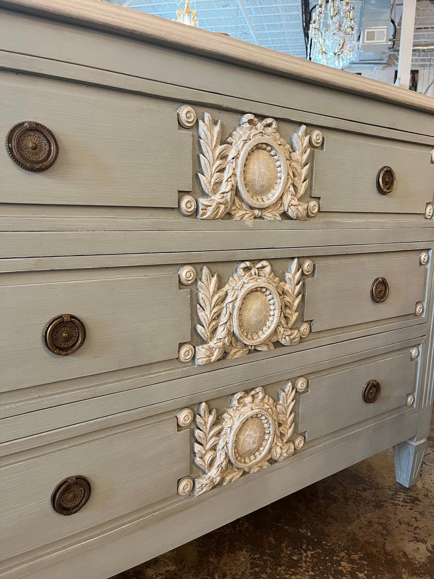 French Blue Swedish Chest with Wood Wreath Carving