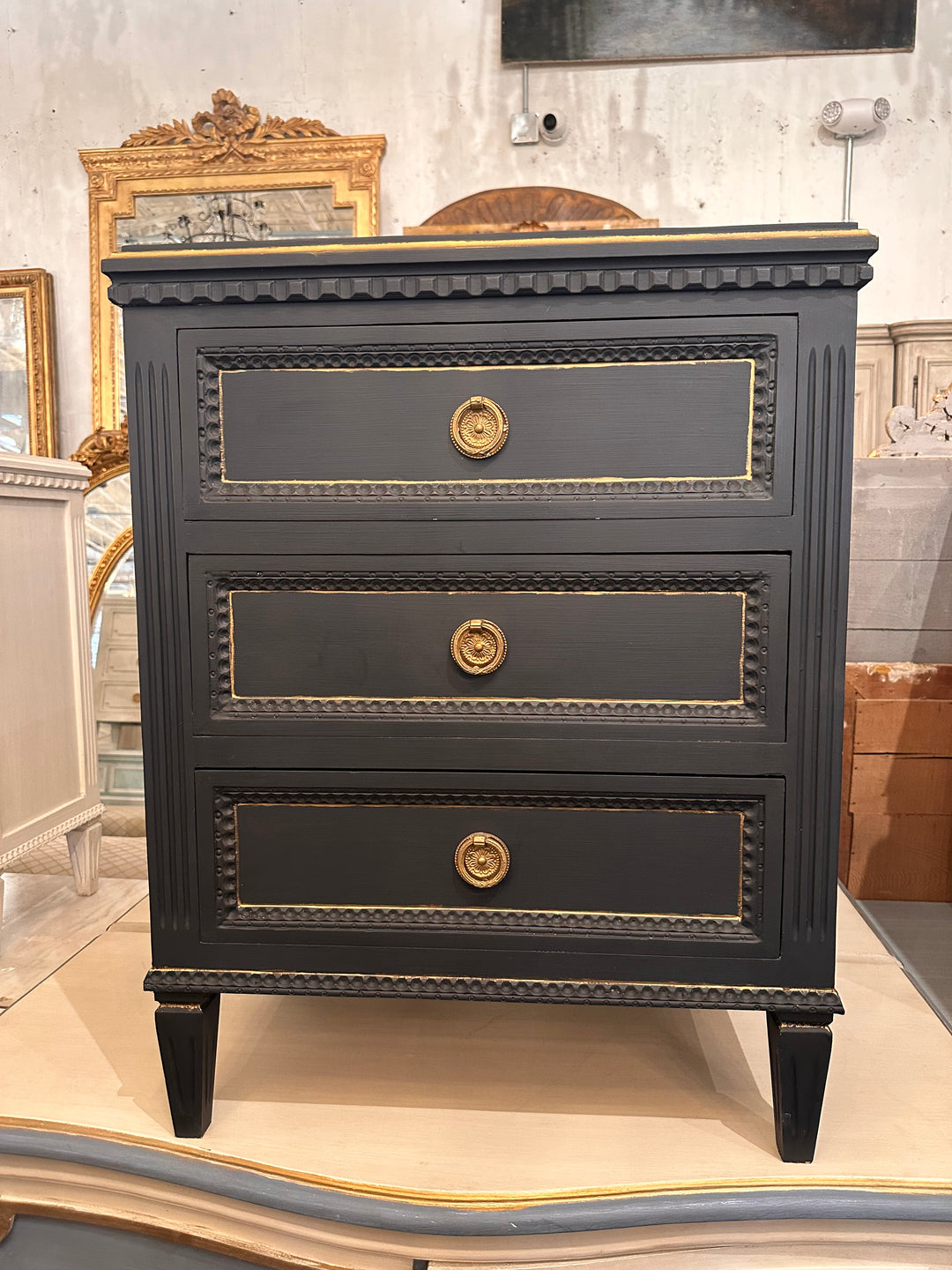 Navy Blue Swedish Nightstand with Gold Trim  Le Chateau