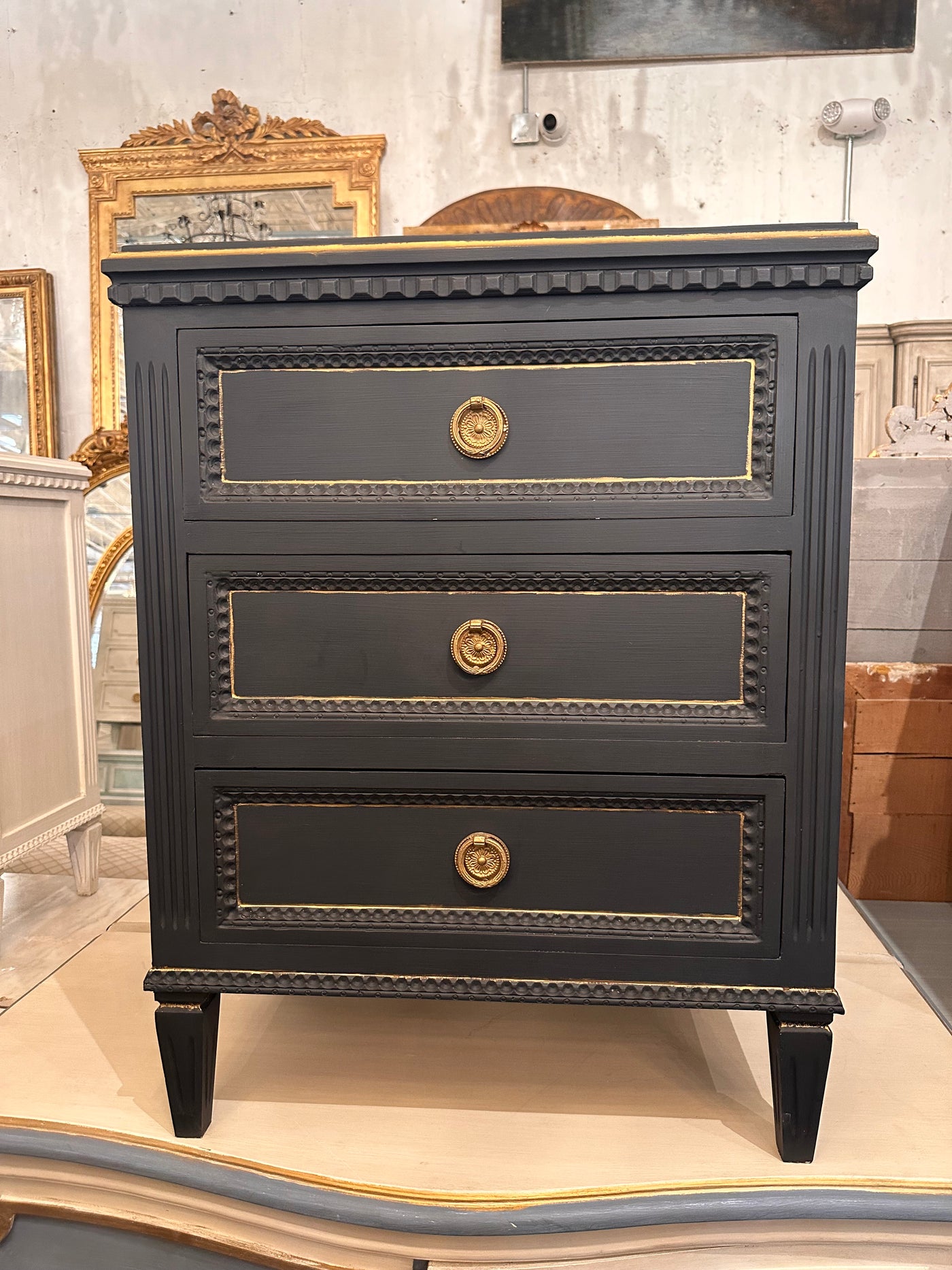 Navy Blue Swedish Nightstand with Gold Trim Le Chateau Navy Blue Swedish Nightstand with Gold Trim Le Chateau