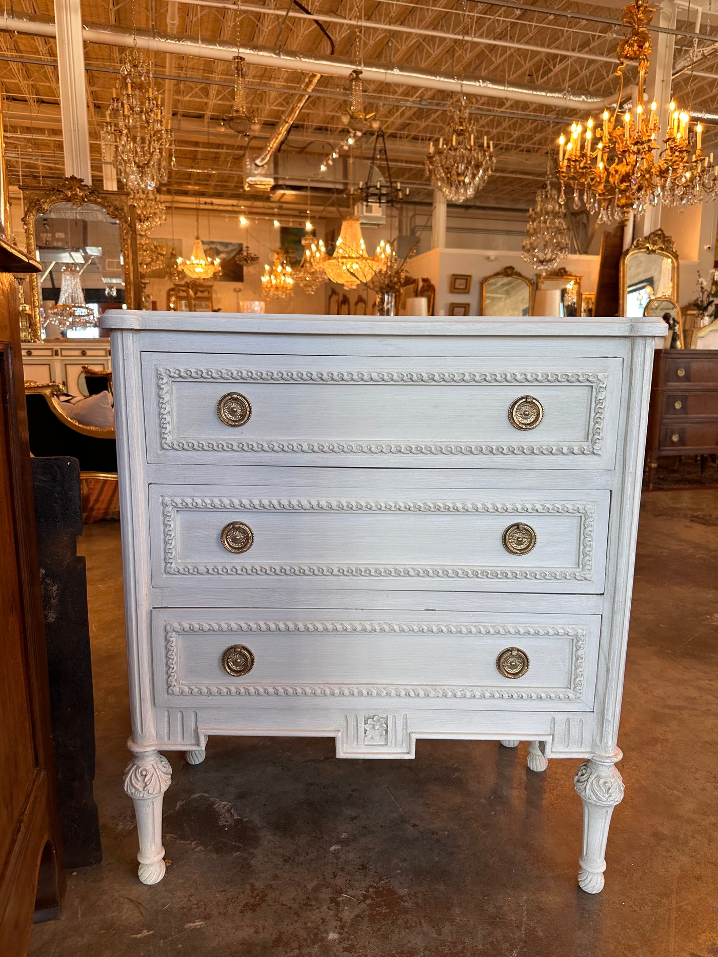 White Swedish Chest with Flower Detail | Le Chateau | European Luxury Furniture in Atlanta