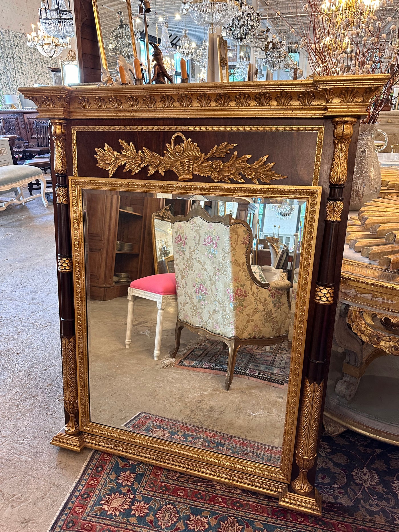 Original Antique Ornate Mahogany and Gold Trumeau Mirror | Le Chateau | European Luxury Furniture in Atlanta