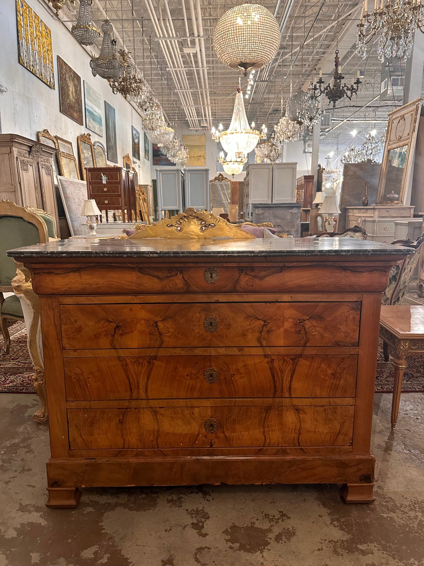 Burl Wood Louis Philippe Chest with Black Marble Top | Le Chateau | European Luxury Furniture in Atlanta