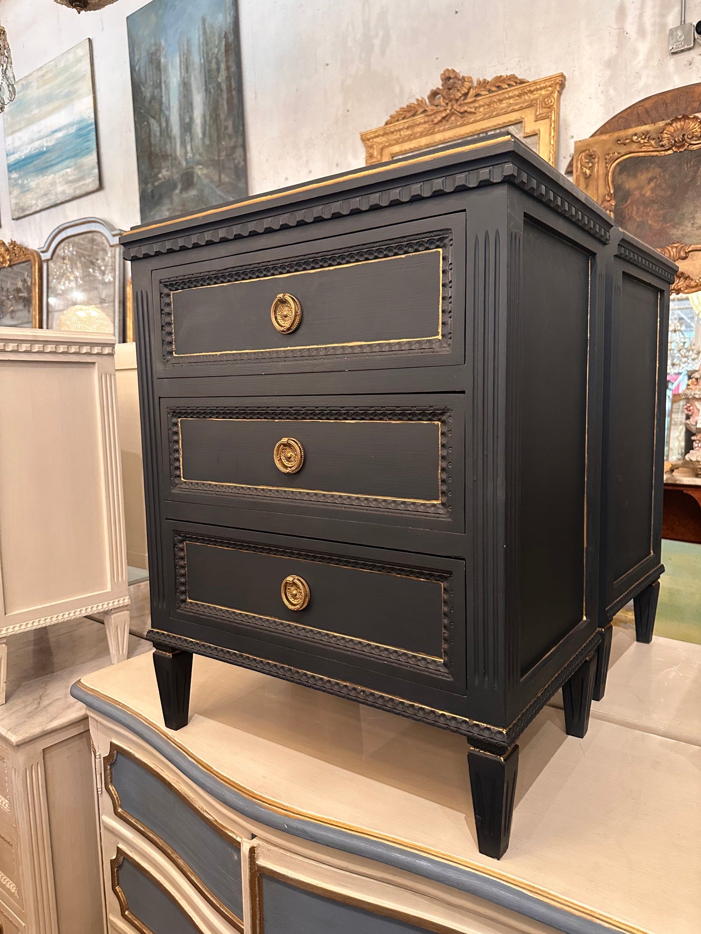 Navy Blue Antique Swedish Nightstand with Gold Trim | Le Chateau | European Luxury Furniture in Atlanta