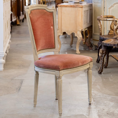 Louis XVI Dining Chair – Antique White Frame with Original Deep Rose Upholstery