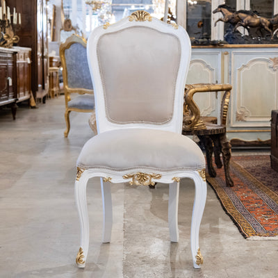 Louis XV Style White & Gold Round Dining Chair – Grey Velvet Upholstery