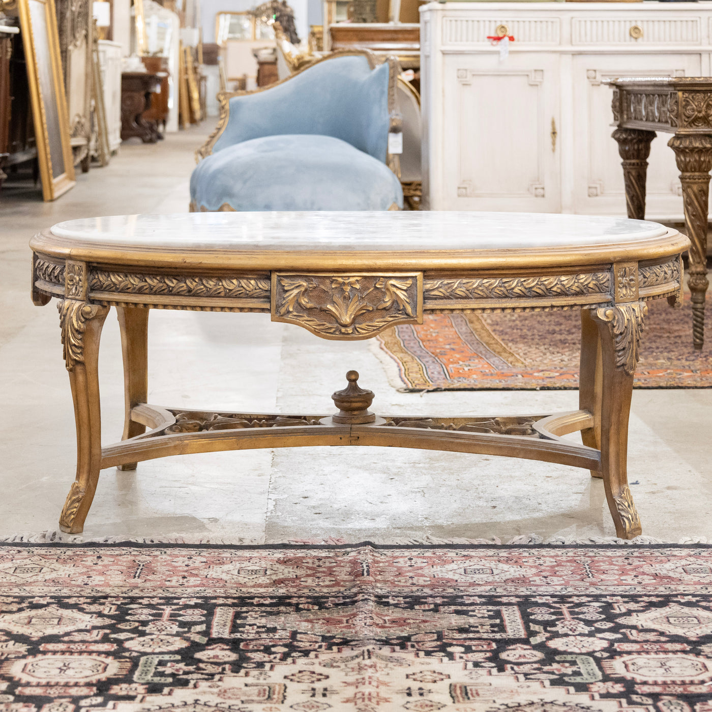 Louis XV Gilded Carved Oval Coffee Table – White Marble Top – Le