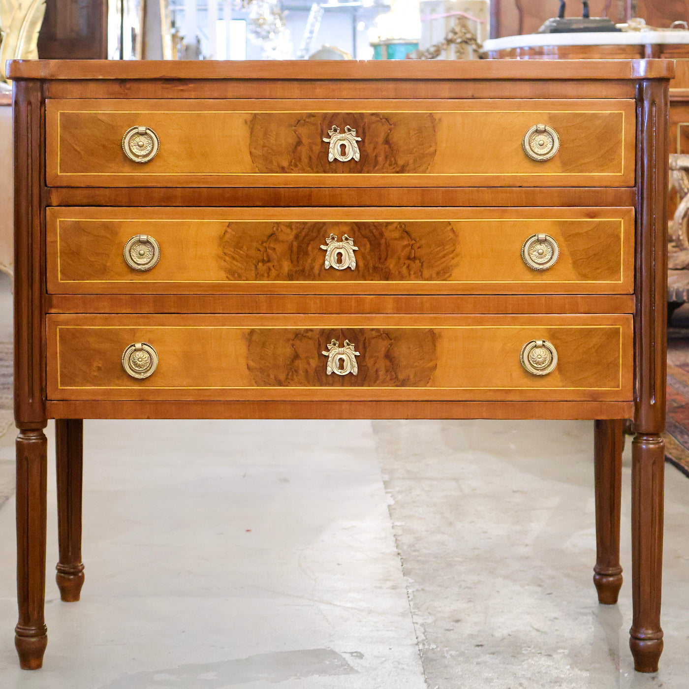 Louis XVI Tall Rounded Corner Burl Wood Nightstand (36" Wide)