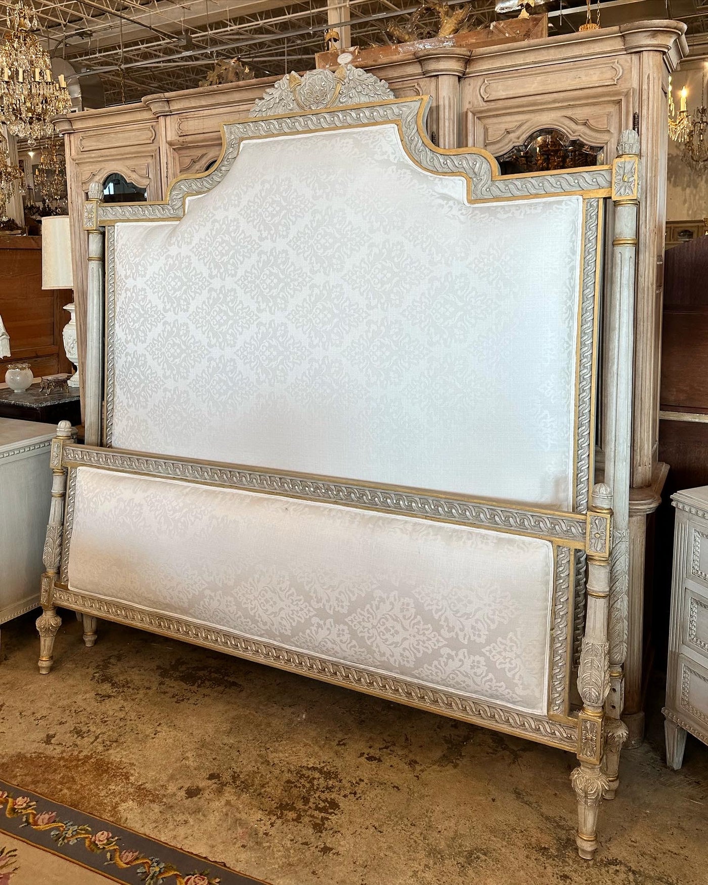 King Size Tall Bed with Damask Upholstery