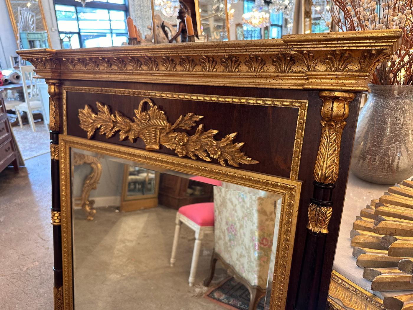 Original Antique Ornate Mahogany and Gold Trumeau Mirror | Le Chateau | European Luxury Furniture in Atlanta