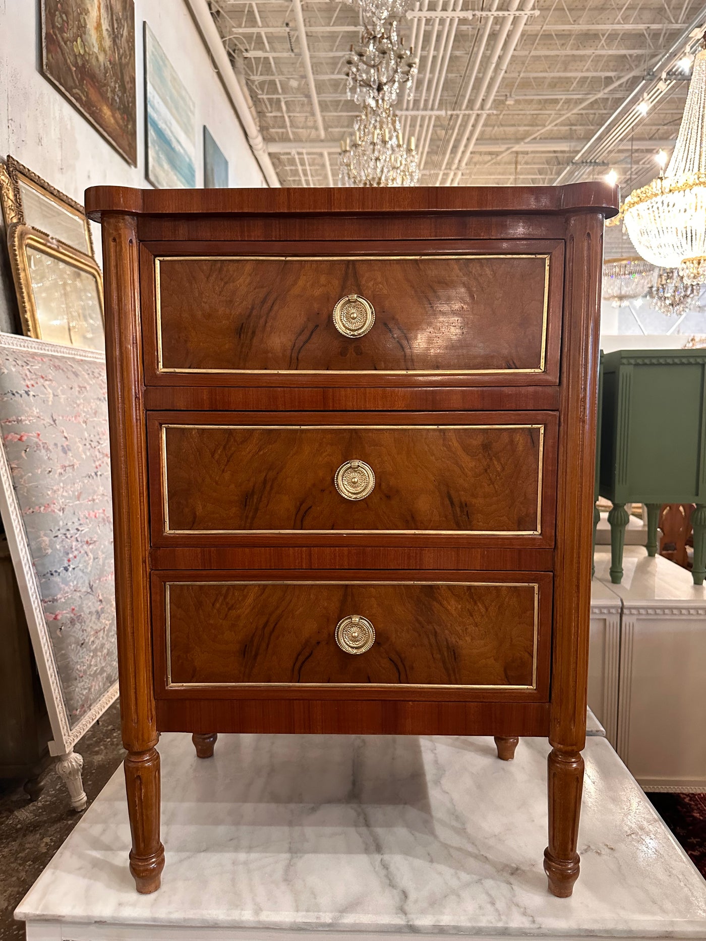 Burl Wood Rounded Corner Antique Nightstand | Le Chateau | European Luxury Furniture in Atlanta