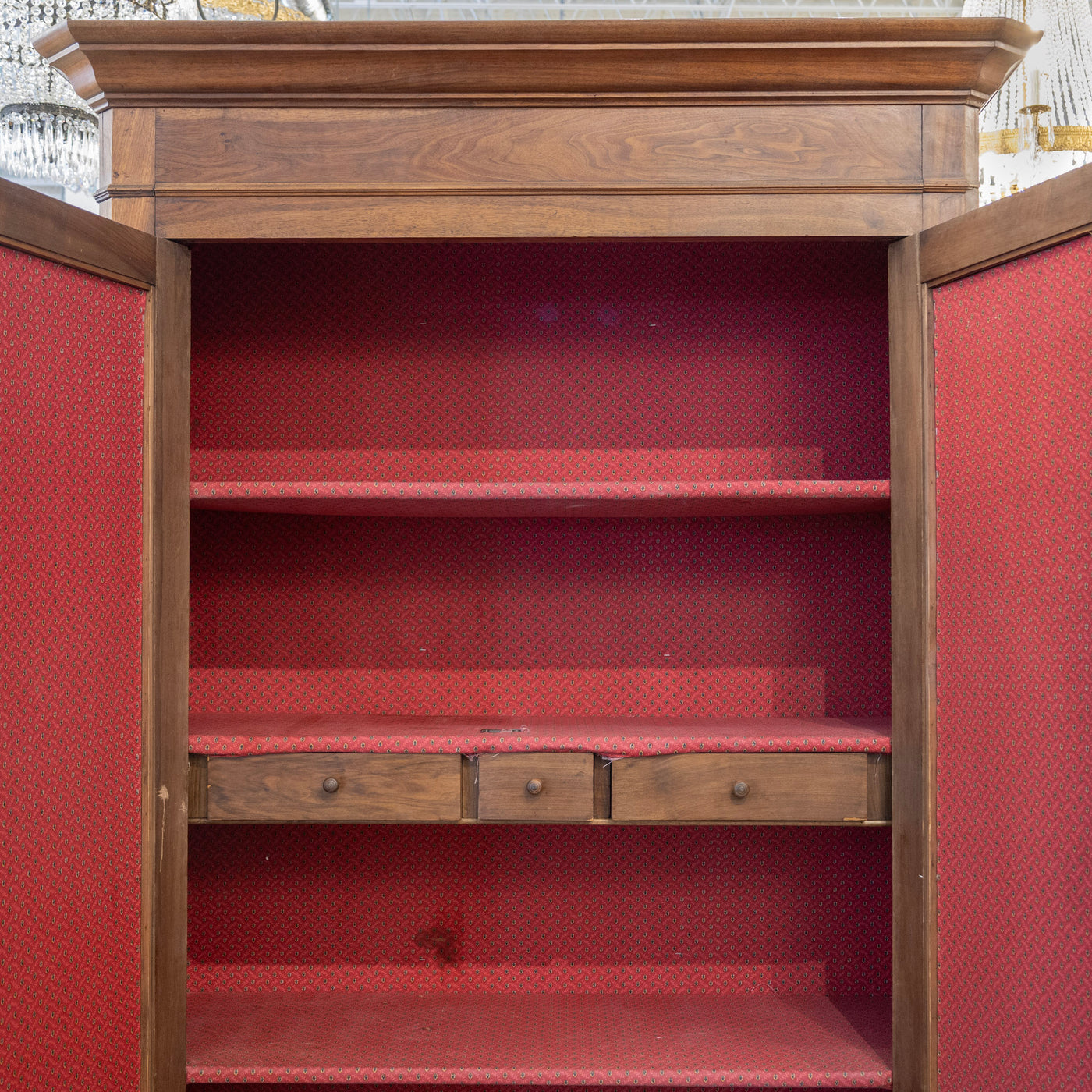 Louis Philippe Walnut Armoire – Original Red Fabric Interior with Shelves & Lower Drawer