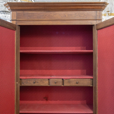 Louis Philippe Walnut Armoire – Original Red Fabric Interior with Shelves & Lower Drawer