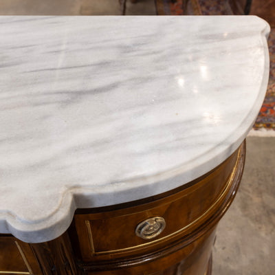 Louis XVI Demilune Sideboard – Burl Wood with Marble Top and Gold Accents