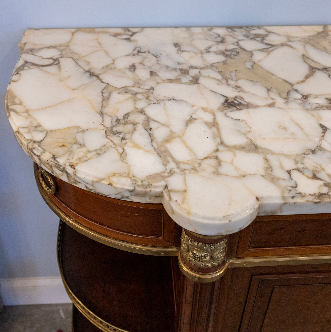 Louis XVI Burl Walnut Demilune Sideboard – Calacatta Vagli Oro Marble Top & Bronze Ormolu
