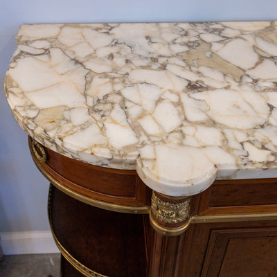 Louis XVI Burl Walnut Demilune Sideboard – Calacatta Vagli Oro Marble Top & Bronze Ormolu