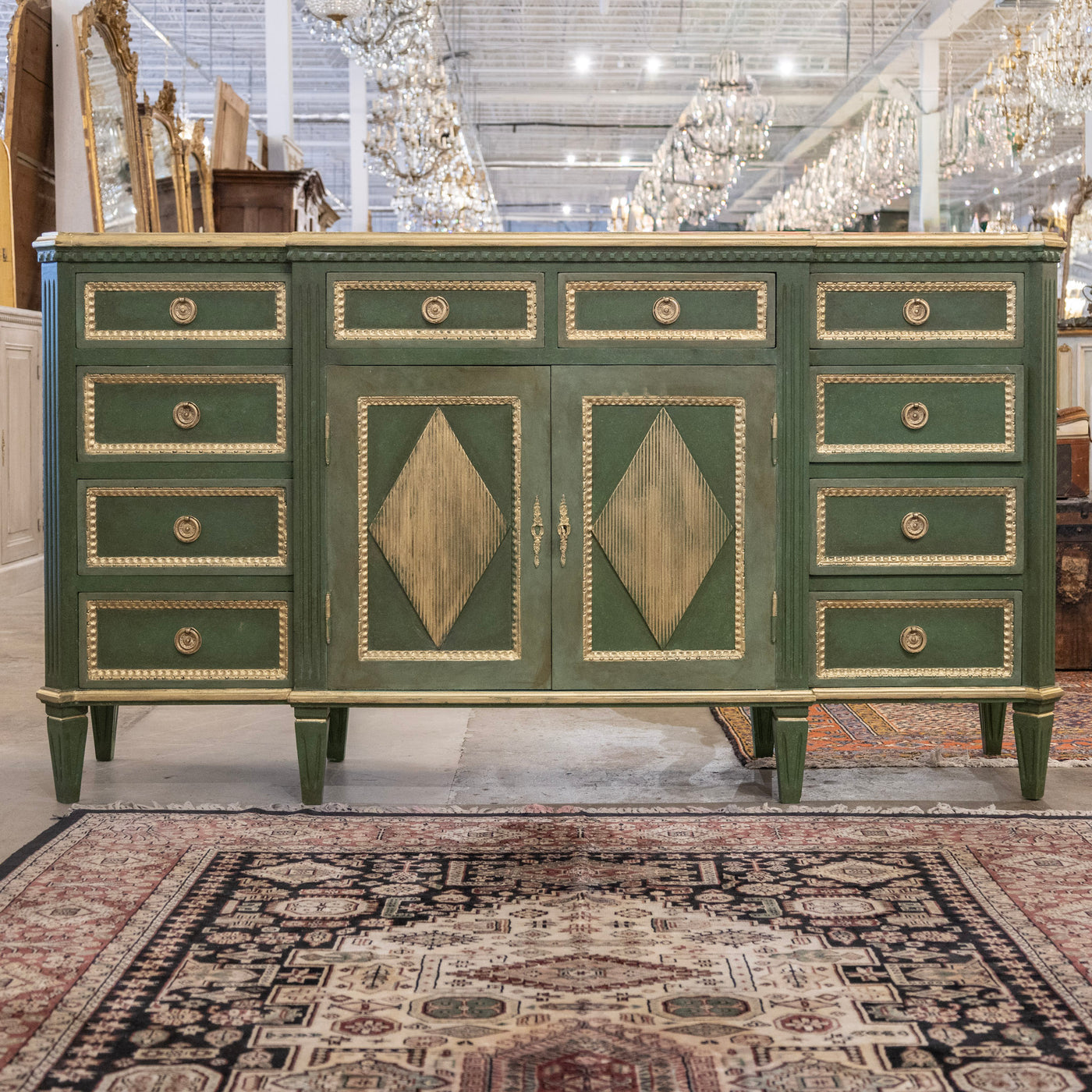 Swedish Painted Ten Drawer Sideboard – Green with Gold Diamond Panels & Trim