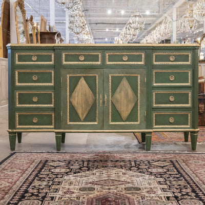 Swedish Painted Ten Drawer Sideboard – Green with Gold Diamond Panels & Trim