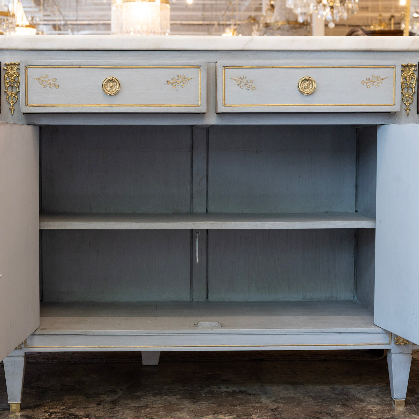 Louis XVI Blue Hand Painted Sideboard – Gilded Floral Detailing & White Marble Top