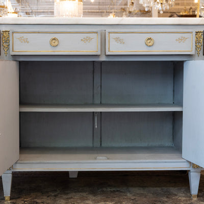 Louis XVI Blue Hand Painted Sideboard – Gilded Floral Detailing & White Marble Top