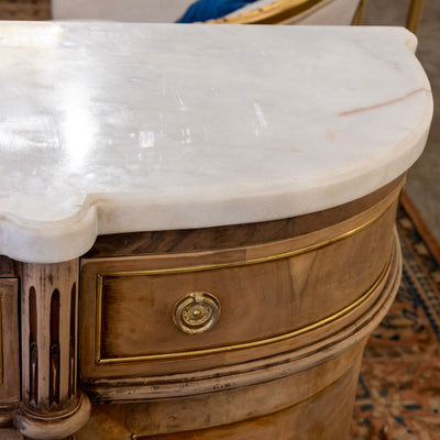 Louis XVI Demilune Sideboard – Stripped Burl Wood with White Marble Top