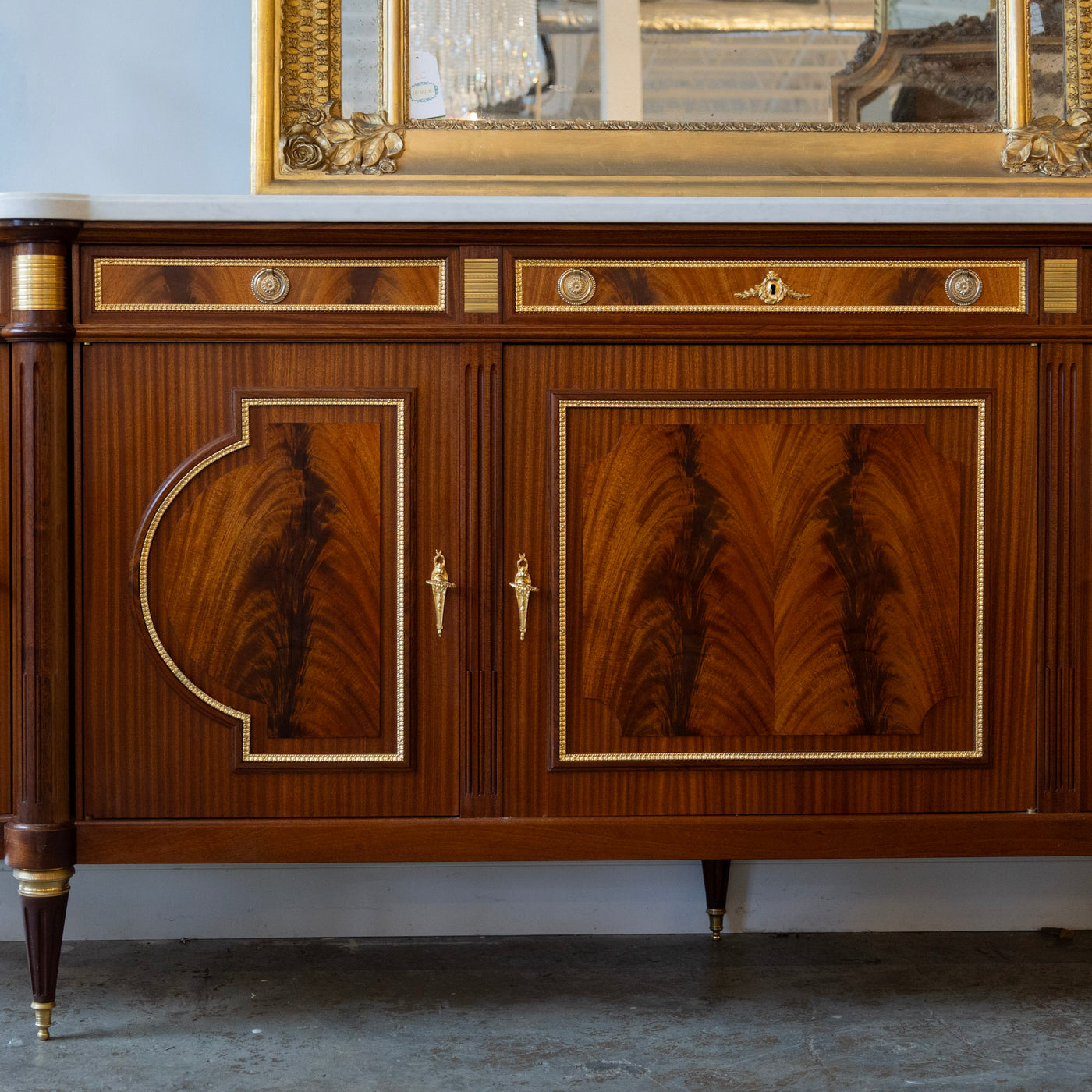 Louis XVI Burl Wood Demilune Sideboard – Gilded Bronze Accents & White Marble Top