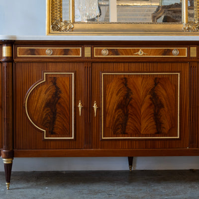 Louis XVI Burl Wood Demilune Sideboard – Gilded Bronze Accents & White Marble Top