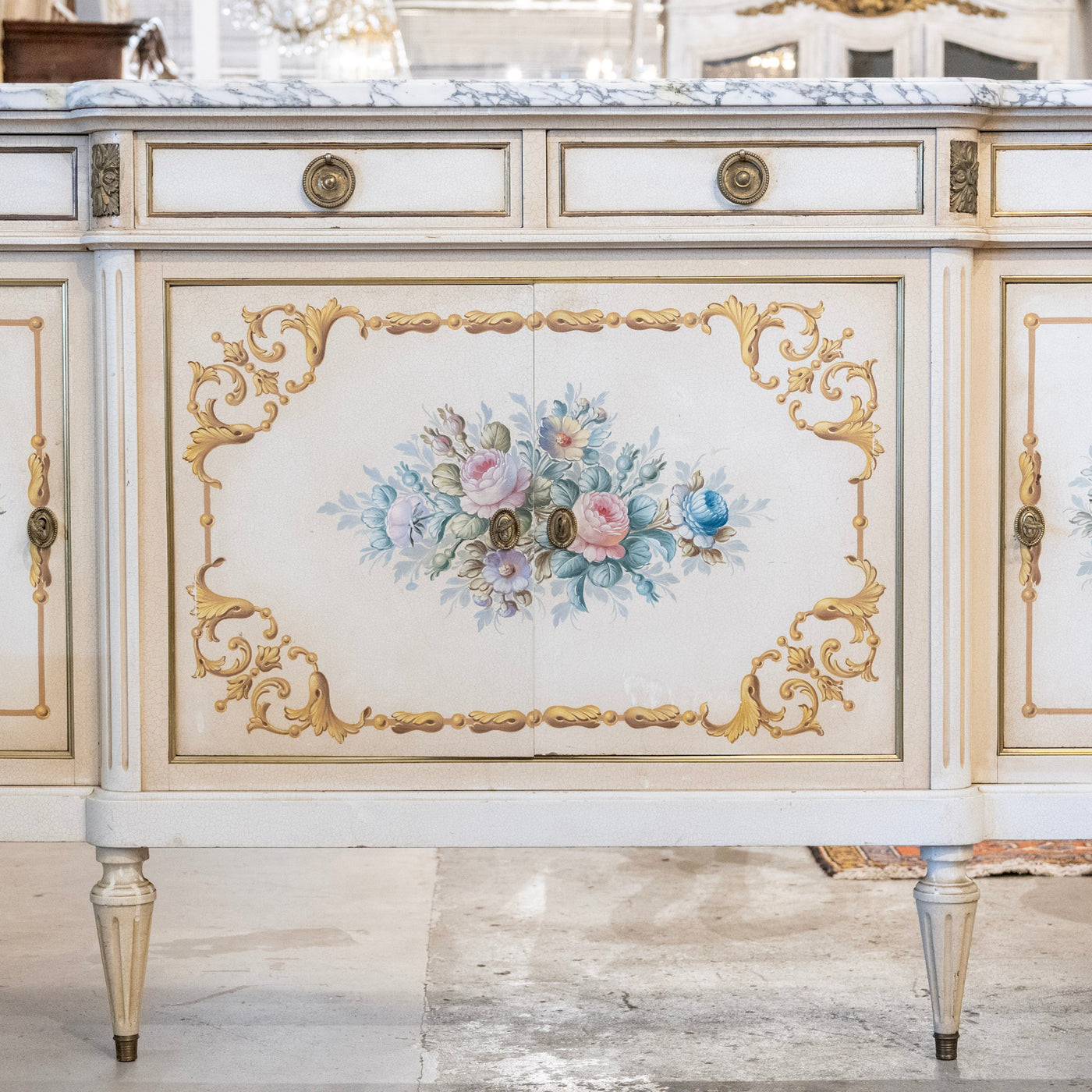 French White Hand-Painted Sideboard – Crackle Finish & Original Marble Top