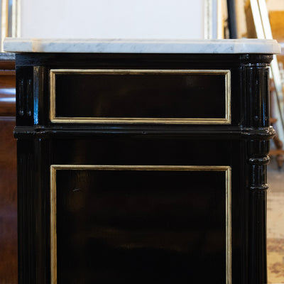 Louis XVI Black Lacquer Sideboard – Gold Inaly & White Marble Top