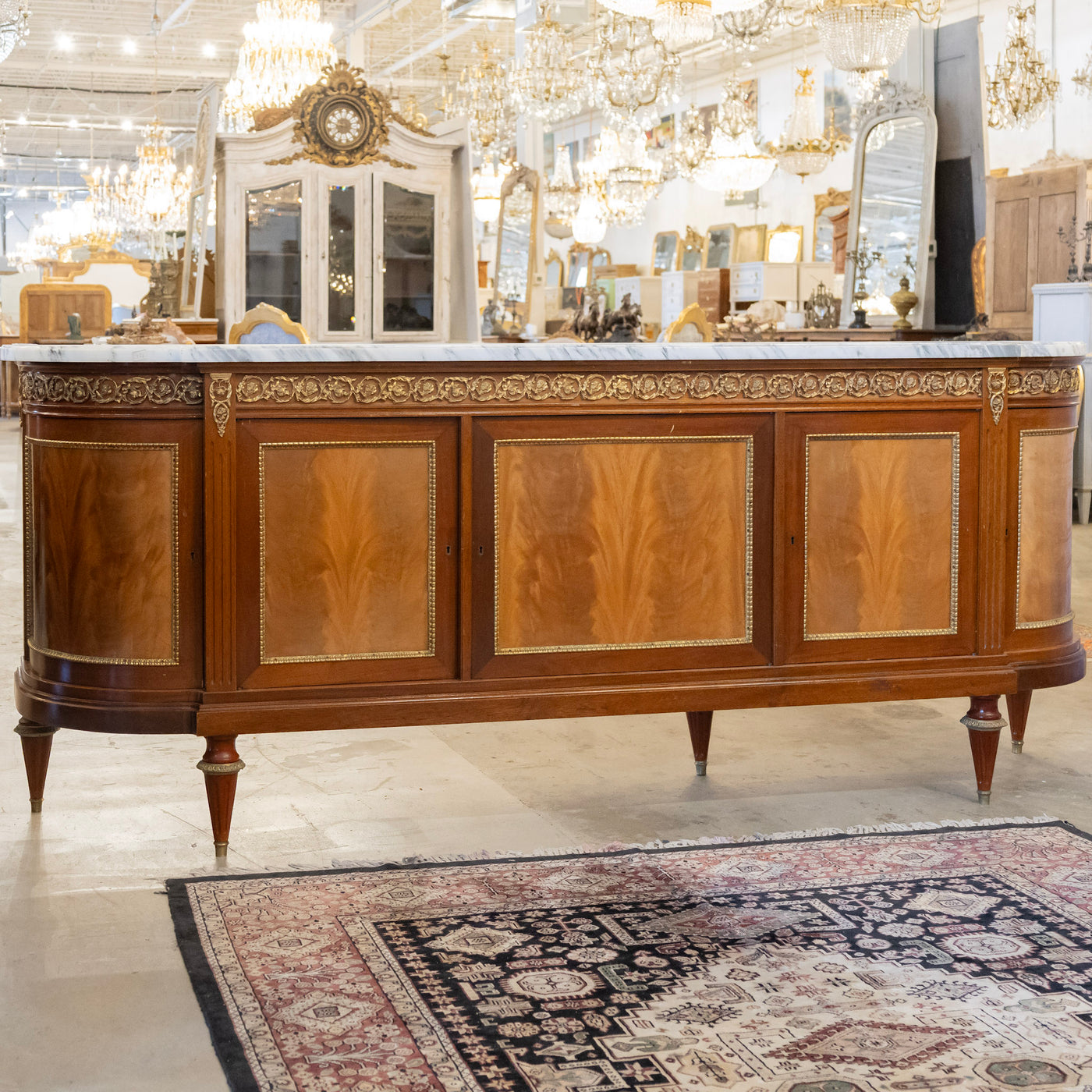 Louis XVI Mahogany Demilune Sideboard – Bronze Laurel Trim & White Marble Top