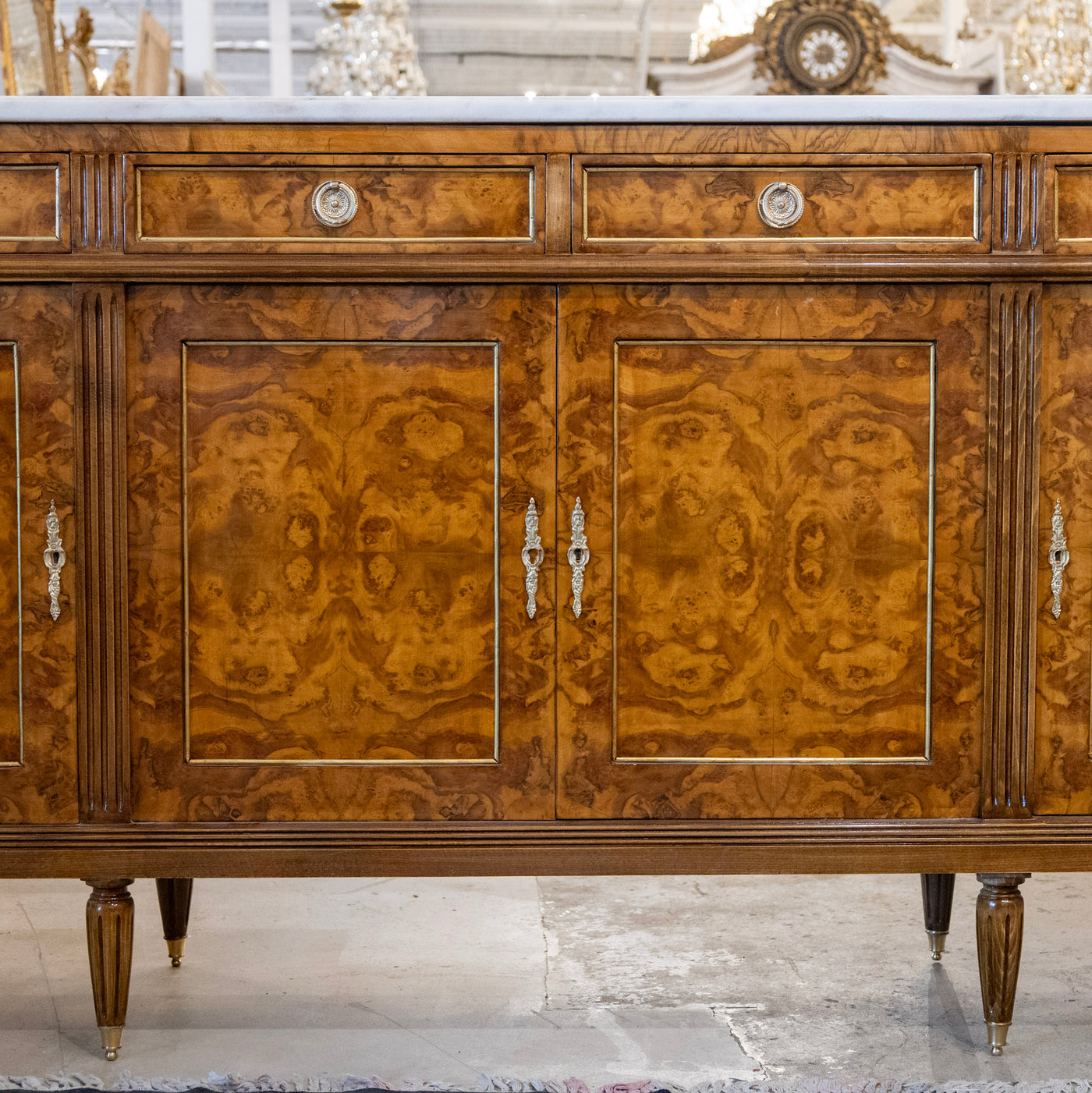 Louis XVI Burl Wood Sideboard with Brass Hardware & White Marble Top